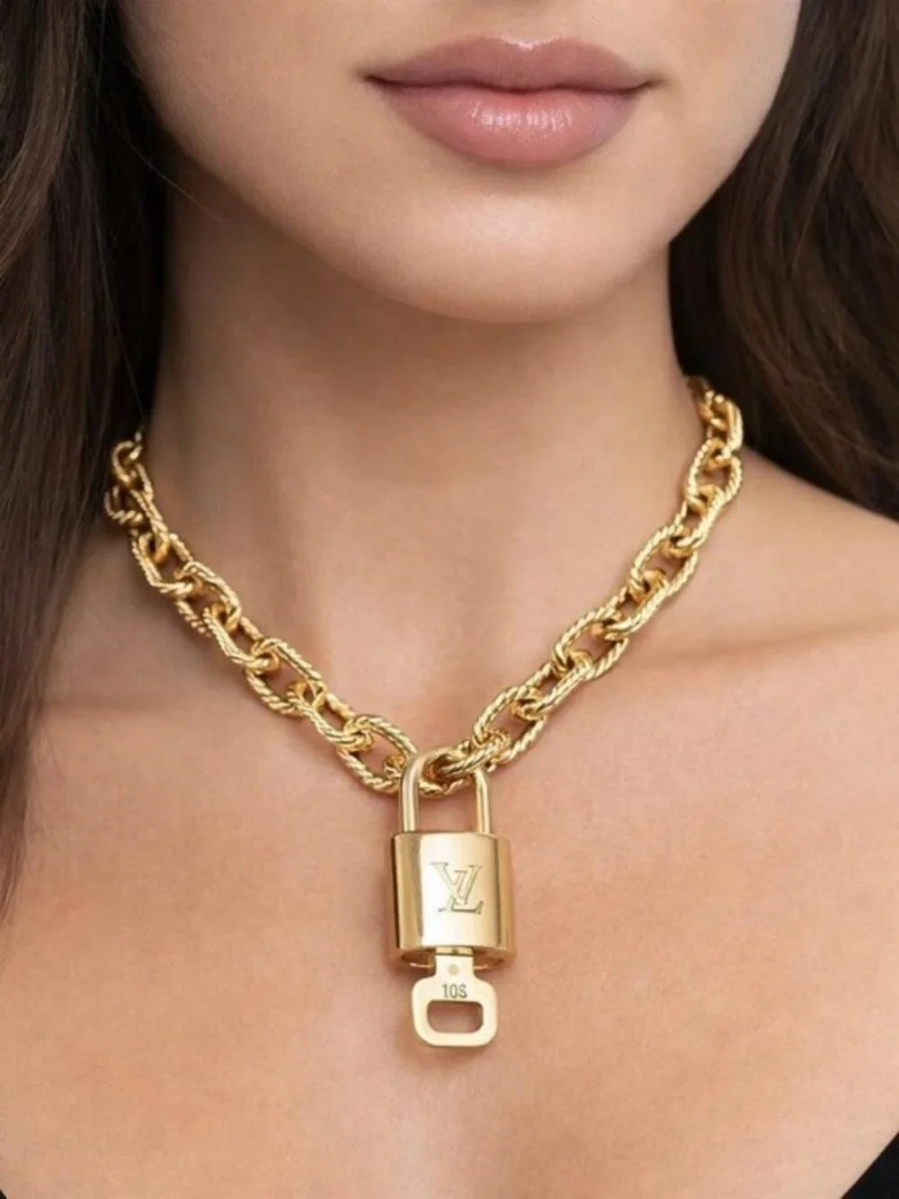 Authentic Louis Vuitton Lock and Key Gold Color with Gold Plated Chain Necklace
